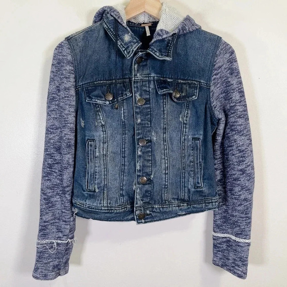 Free People Mixed Media Distressed Denim Jacket  with Knit Sleeves - Picture 4 of 16